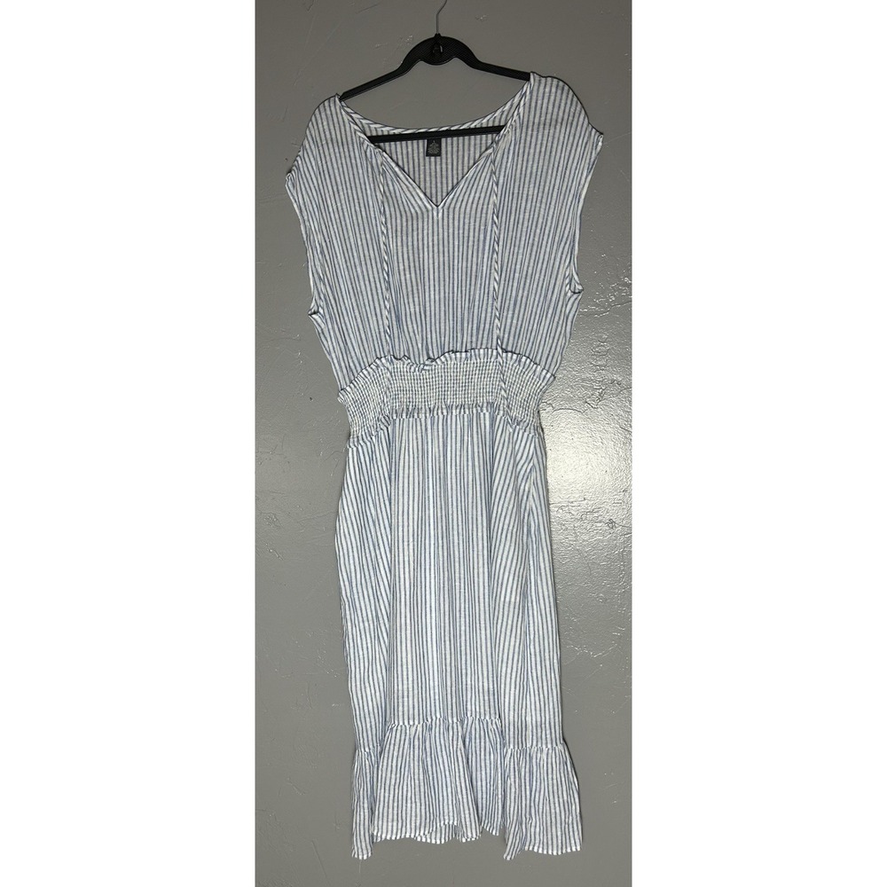 Chelsea & Theodore Women's Linen Blend Blue & White Stripes Dress Large‎ Coastal
